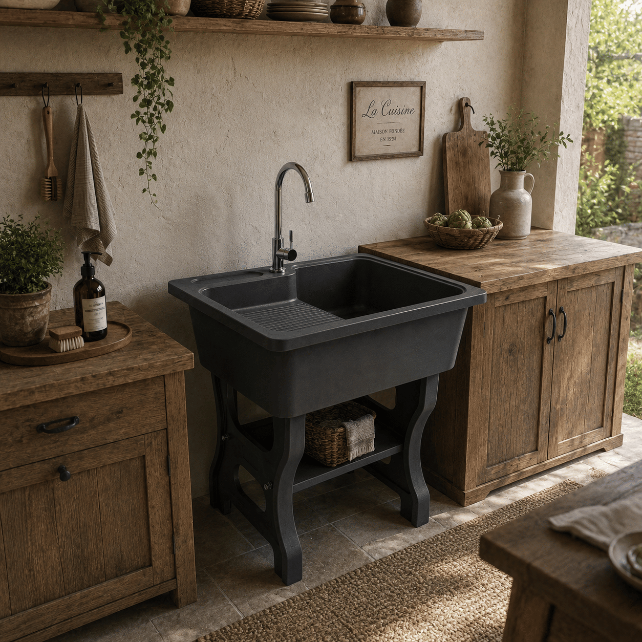 อ่างล้างจานขาตั้ง หินควอตซ์ 1 หลุม 1 ที่พัก DINOSAUR WASHTUB ขนาด 80X60X23ซม. สีดำ_6